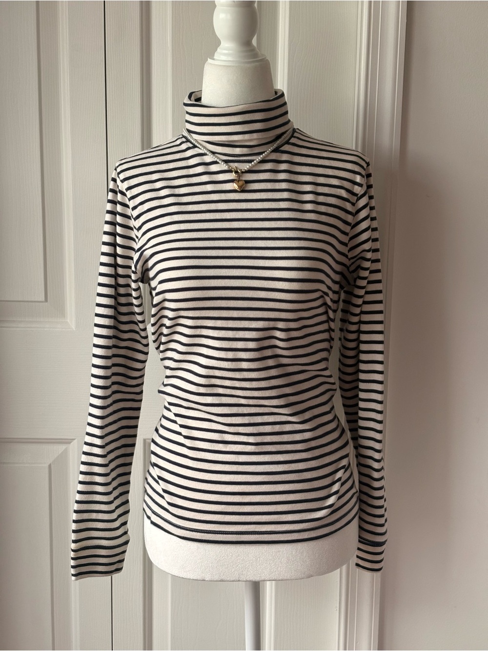 L.L. Bean Black and White Striped Turtleneck Long Sleeve Top